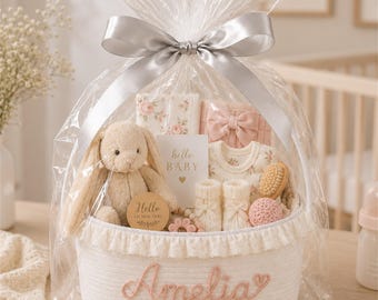 Cesta personalizada de encaje para baby shower con bolsa de regalo, almacenamiento para la habitación del bebé, regalo para la nueva mamá, cesta para el hospital, organizador de artículos esenciales para el bebé.