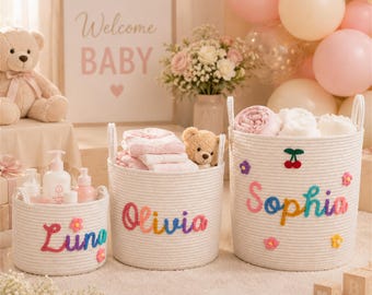 Personalized Baby Shower Basket with Name, Custom Rope Storage Basket, Newborn Gift Basket, Baby Girl Nursery Decor, Baby Boy Gift