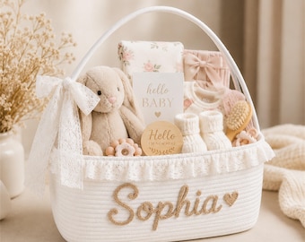 Cesta de regalo personalizada para baby shower con nombre, cesta personalizada con ribete de encaje, regalo para mamá primeriza, cesta de bienvenida para recién nacido, organizador para la habitación del bebé.