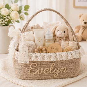 Puede incluir: Una cesta tejida de color canela con ribete de encaje y un gran lazo de encaje, con el nombre Evelyn en cursiva. Dentro hay un tubo de loción para bebés, un biberón, un conejo de peluche, un mordedor de madera y un disco de madera con el texto hello.