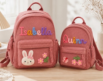 Mochila infantil de pana personalizada: mochila escolar con nombre personalizado, regalo para el Día del Niño, regalo de regreso a clases para niños, parche de animales o flores.