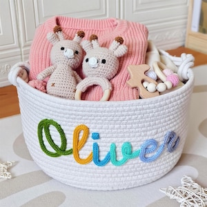 Personalized Basket With Baby Name, Custom Baby Shower Basket Gift, Baby Boy Girl Name Basket, Cotton Rope Basket, Newborn Baby Nursery Gift