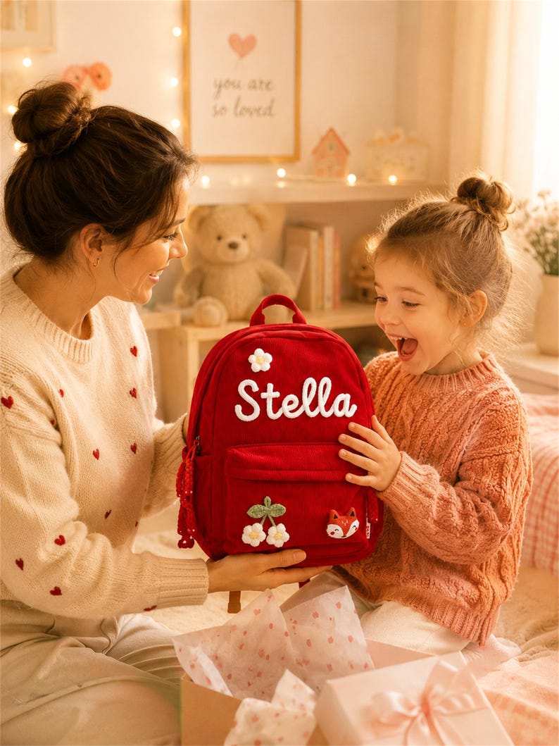 Puede incluir: Una mochila roja con el nombre "Stella" bordado en blanco. La mochila presenta una flor blanca, cerezas y un aplique de zorro. La bolsa es sostenida por una persona y un ni&ntilde;o.