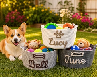 Custom Personalized Dog Toy Basket: Pet Cotton Rope Storage Bin with Bone Paw Design