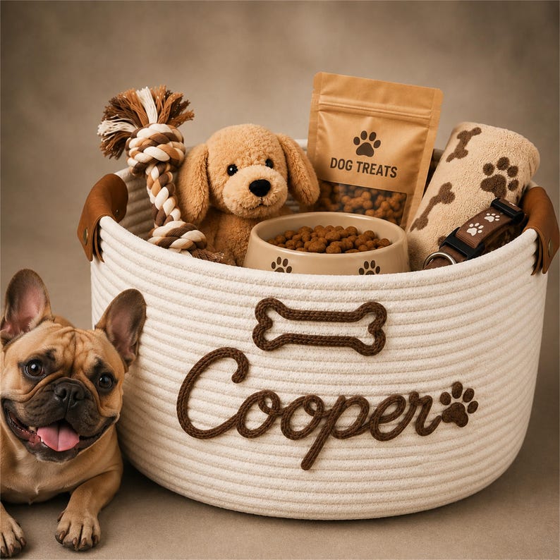 May include: A white coiled rope basket with brown leather handles, featuring the name Cooper and a bone shape in brown yarn. Inside are a plush dog toy, a bag labeled Dog Treats, a ceramic bowl with treats, a paw print towel, and a dog collar.