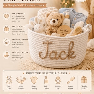 May include: A white woven rope basket featuring the name Jack in brown script lettering. The basket contains a tan plush teddy bear, a white plush rabbit, a baby lotion bottle, a wooden hello little one sign, a wooden brush, and blue clothing.