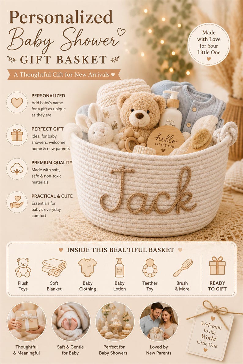 May include: A white woven rope basket featuring the name Jack in brown script lettering. The basket contains a tan plush teddy bear, a white plush rabbit, a baby lotion bottle, a wooden hello little one sign, a wooden brush, and blue clothing.