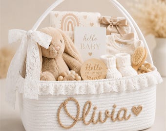 Cesta personalizada para baby shower, cesta de regalo de encaje personalizada para bebé, set de regalo para recién nacido, cesta de almacenamiento para la habitación del bebé, set de regalo listo