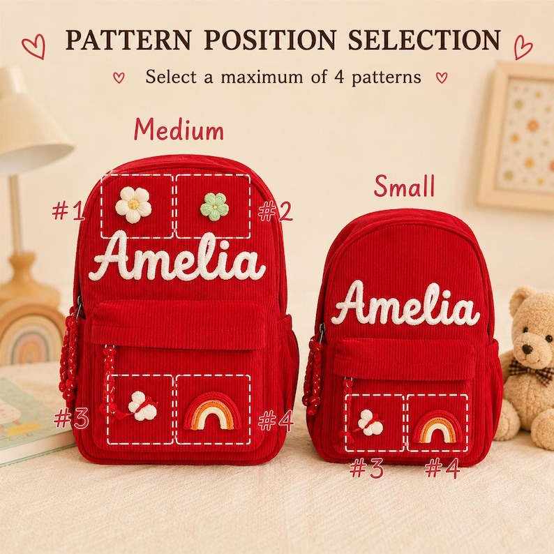 Puede incluir: Dos mochilas rojas de pana, una mediana y otra peque&ntilde;a, con el nombre "Amelia" en escritura blanca. La mochila mediana tiene parches de flores y arco&iacute;ris. El texto dice "PATTERN POSITION SELECTION" y "Select a maximum of 4 patterns".