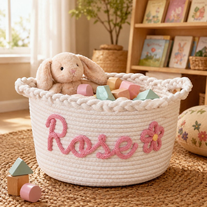 May include: A white woven rope basket featuring the name Rose in pink yarn lettering with a pink flower accent. The basket contains a beige plush bunny and several pastel-coloured wooden geometric blocks, with additional blocks placed nearby.