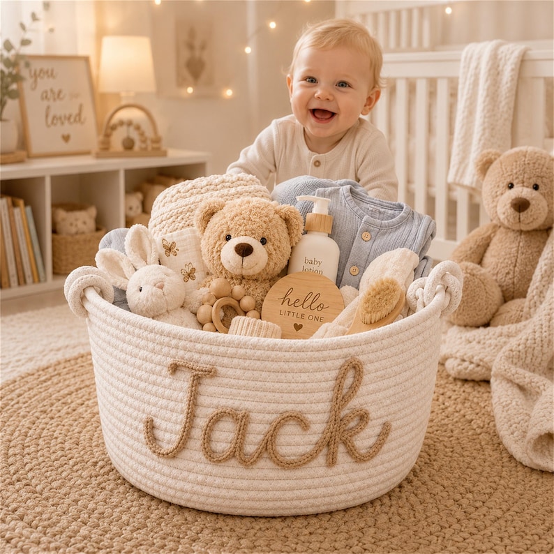 May include: A white woven rope basket featuring the name Jack in brown yarn lettering. The basket contains a plush teddy bear, a white stuffed bunny, a wooden rattle, a bottle of baby lotion, a wooden disc with the text hello LITTLE ONE, and clothing.