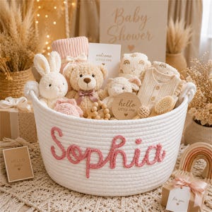 May include: A white rope basket with the name Sophia embroidered in pink yarn, filled with a plush bunny, a teddy bear, a baby blanket, a wooden rattle, a wooden disc reading hello little one, and a beige ribbed baby bodysuit with a rainbow print.