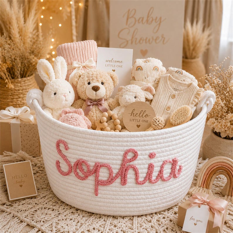 May include: A white rope basket with the name Sophia embroidered in pink yarn, filled with a plush bunny, a teddy bear, a baby blanket, a wooden rattle, a wooden disc reading hello little one, and a beige ribbed baby bodysuit with a rainbow print.