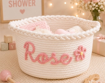 Personalized Baby Shower Gift Basket, Custom Baby Storage Basket with Name, Baby Toys Basket, Cotton Rope Basket, Nursery Newborn Gift