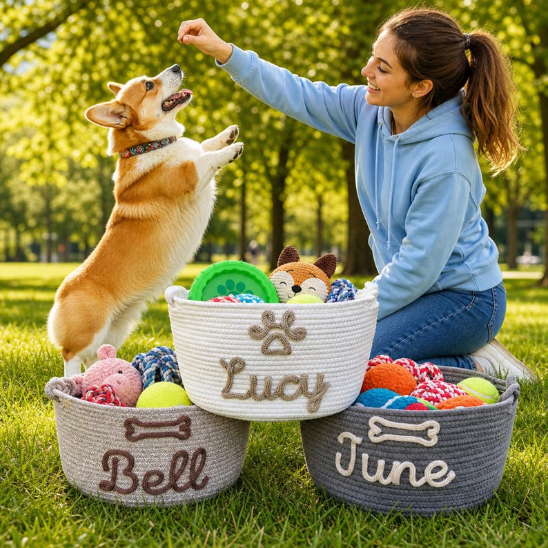 May include: Three round woven rope storage baskets for pet toys. The white basket features a paw print and the name Lucy. The light gray basket displays a bone and the name Bell. The dark gray basket shows a bone and the name June.