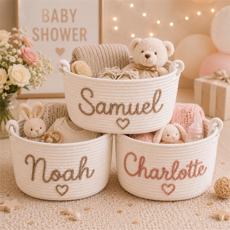 May include: Three round white woven rope baskets with handles, each personalised with embroidered names in cursive script and a small heart icon. The top basket reads Samuel, the bottom left reads Noah, and the bottom right reads Charlotte.