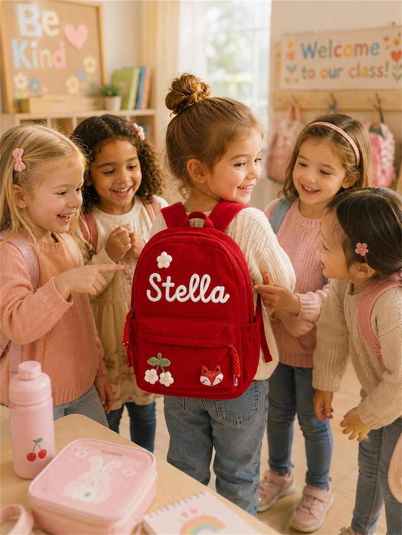 Puede incluir: Un grupo de ni&ntilde;os rodea una mochila roja con el nombre "Stella". La mochila tiene aplicaciones de flores y un zorro. Una botella de agua rosa y una lonchera est&aacute;n sobre una mesa. La escena tiene lugar en un aula.