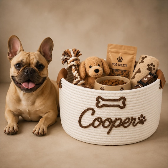 Personalized Dog Toy Basket, Custom Pet Storage Basket, Rope Basket for Dogs & Cats, Puppy Gift Basket, New Puppy Gift, Pet Toy Organizer