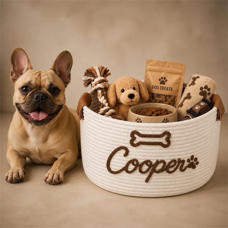 May include: A round white rope basket with brown leather handles, featuring the name Cooper and a bone icon in brown stitching. Inside are a plush dog toy, a rope toy, a bag labeled Dog Treats, a ceramic bowl with kibble, and a patterned blanket.