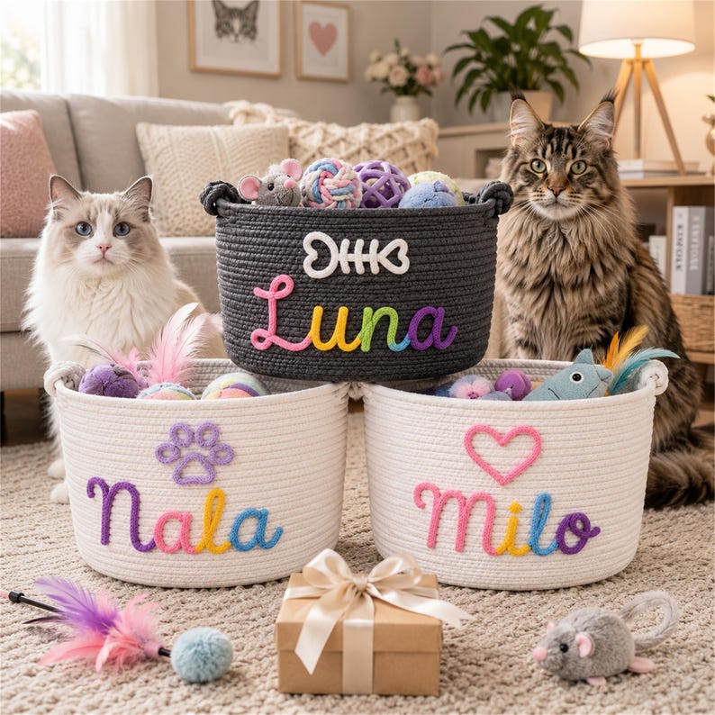 May include: Three round woven rope storage baskets for pets. One dark gray basket features a white fish bone icon and the name Luna in rainbow yarn. Two white baskets feature a purple paw print with the name Nala and a pink heart with the name Milo.