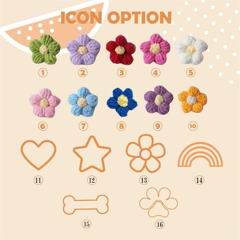 May include: A collection of sixteen icon options labelled with numbers. The first ten are small, textured, crocheted flowers in various colours including green, purple, red, pink, white, blue, and orange. The remaining six are orange line art icons.