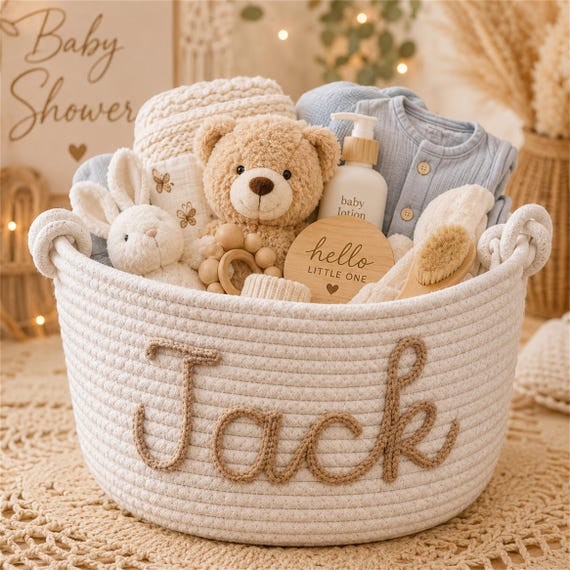 Baby Shower Gift Basket, Custom Baby Shower Basket with Personalized Name, Baby Toys Basket, Cotton Rope Basket, Newborn Baby Nursery Gift
