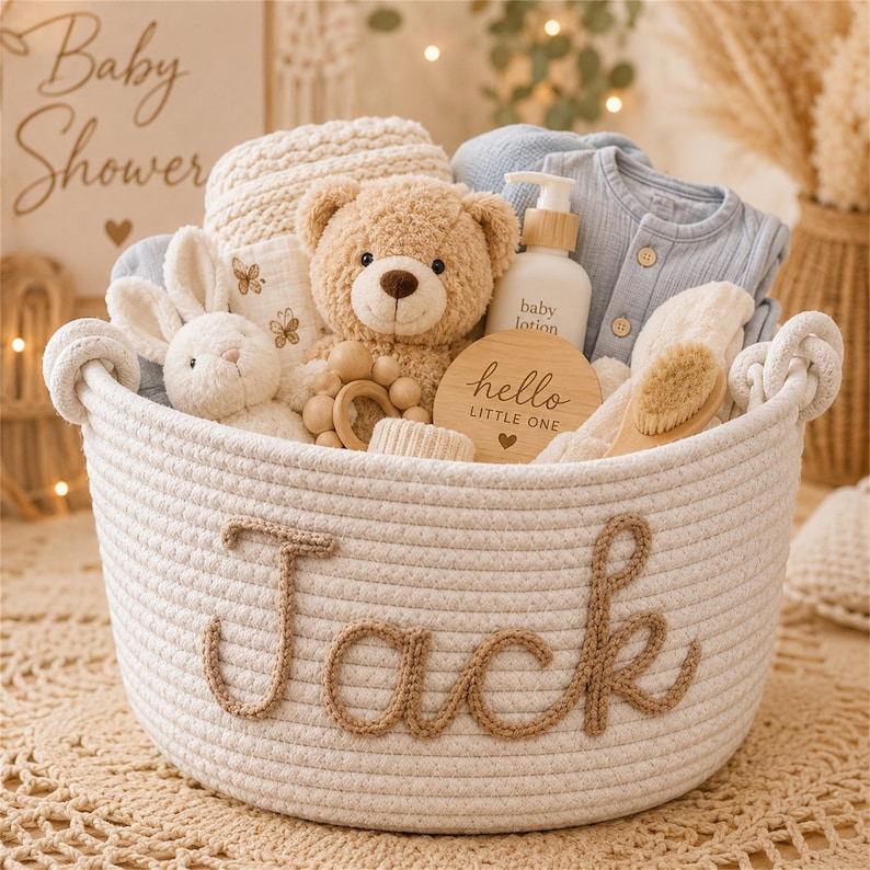 May include: A white rope basket with the name Jack stitched in brown yarn on the front. The basket contains a tan teddy bear, a white plush bunny, a blue baby onesie, a bottle of baby lotion, a wooden rattle, and a wooden sign reading hello LITTLE ONE.