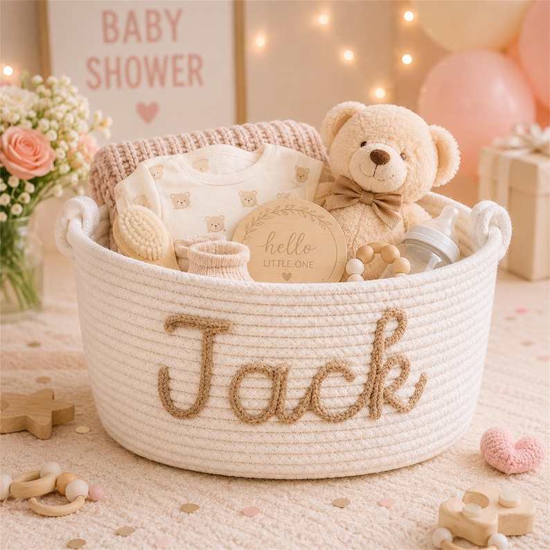 May include: A white woven rope basket featuring the name Jack in brown script lettering. The basket contains a beige teddy bear with a bow, a baby onesie with bear prints, a wooden brush, a wooden disc reading hello LITTLE ONE, and a bottle.