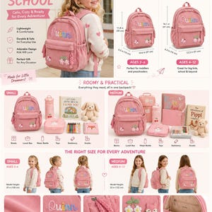 Puede incluir: Mochila rosa de pana con el nombre "Quinn" bordado en colores. La mochila presenta bordados florales y est&aacute; disponible en dos tama&ntilde;os, 30 cm y 41 cm de altura. El texto "Back to School" est&aacute; en la parte superior. Para ni&ntilde;os de 2 a 12 a&ntilde;os.