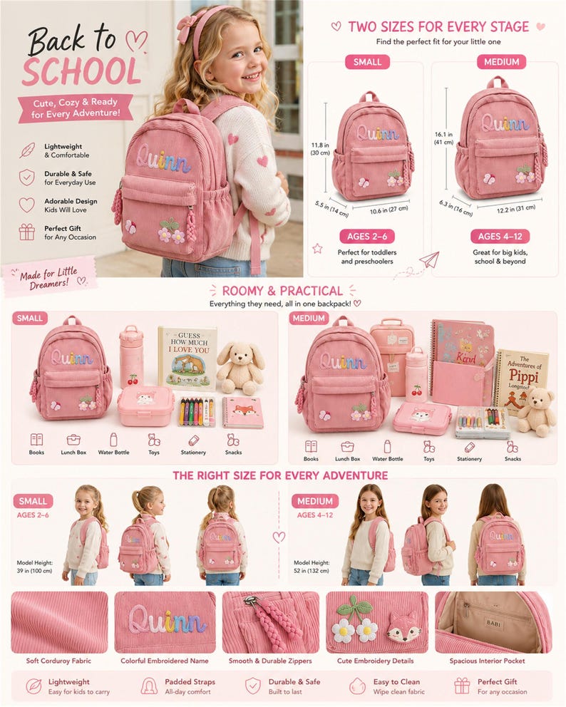 Puede incluir: Mochila rosa de pana con el nombre "Quinn" bordado en colores. La mochila presenta bordados florales y est&aacute; disponible en dos tama&ntilde;os, 30 cm y 41 cm de altura. El texto "Back to School" est&aacute; en la parte superior. Para ni&ntilde;os de 2 a 12 a&ntilde;os.
