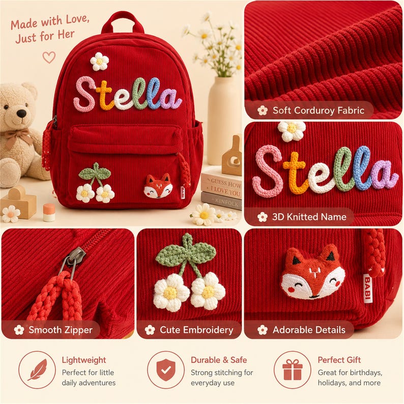 Puede incluir: Mochila de pana roja con el nombre "Stella" en letras de punto coloridas. Cuenta con un aplique de zorro, bordados florales y una cremallera suave. Ligera y duradera, perfecta para las aventuras diarias.