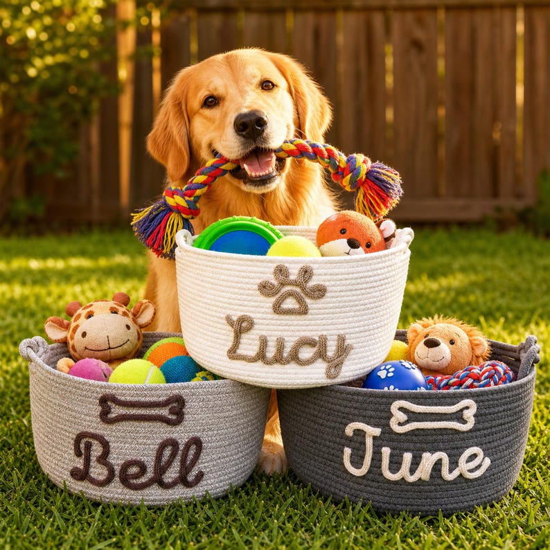 May include: Three round woven rope storage baskets in white, light gray, and dark gray. The white basket features a paw print and the name Lucy. The gray baskets feature a bone icon and the names Bell and June in stitched lettering.