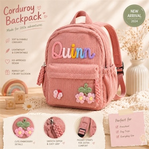 Puede incluir: Una mochila de pana rosa con el nombre "Quinn" en letras coloridas. La mochila presenta un bolsillo frontal, flores bordadas y una mariposa. Tiene correas acolchadas y una cremallera suave. Tambi&eacute;n es visible el texto "New Arrival 2024".
