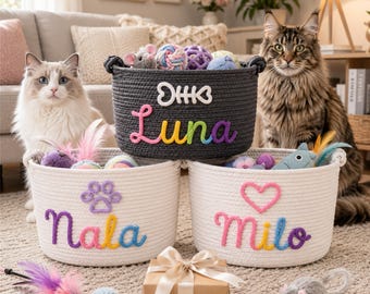 Custom Pet Basket with Name, Personalized Dog Gift Basket, Puppy Arrival Gift, Cat Toy Storage Bin, Handmade Rope Basket for Pet Lovers