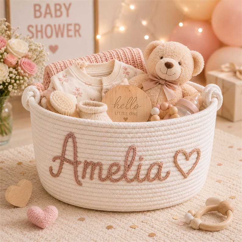 Baby Shower Gift Basket, Custom Baby Shower Basket with Personalized Name, Baby Toys Basket, Cotton Rope Basket, Newborn Baby Nursery Gift image 4