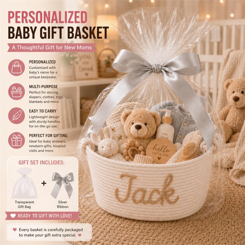 May include: A white woven rope basket featuring the name Jack embroidered in tan thread. The basket is wrapped in clear plastic with a silver ribbon and contains a plush teddy bear, a small rabbit toy, a wooden rattle, and baby lotion.