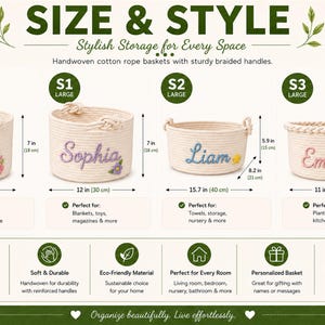 May include: Four handwoven cotton rope baskets with braided handles, featuring embroidered names Olivia, Sophia, Liam, and Emma. Dimensions range from 24 cm to 40 cm in width and 15 cm to 18 cm in height, as clearly indicated in the provided image.