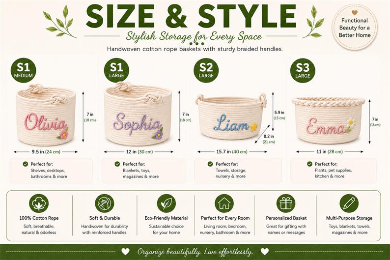 May include: Four handwoven cotton rope baskets with braided handles, featuring embroidered names Olivia, Sophia, Liam, and Emma. Dimensions range from 24 cm to 40 cm in width and 15 cm to 18 cm in height, as clearly indicated in the provided image.