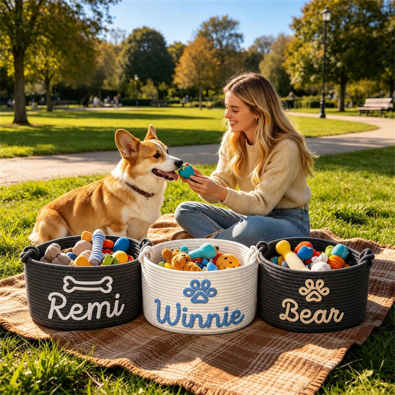 May include: Three round woven rope storage baskets filled with colorful pet toys. The left basket is dark gray with the name Remi and a bone icon. The center basket is white with the name Winnie and a paw print. The right basket is dark gray with the name Bear and a paw print.
