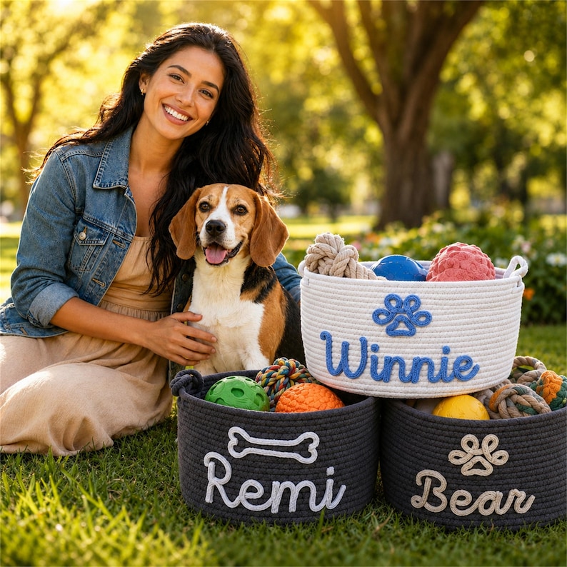 May include: Three round woven rope storage baskets for pet toys. One white basket features the blue embroidered name Winnie and a paw print. Two dark gray baskets feature the white embroidered names Remi with a bone and Bear with a paw print.
