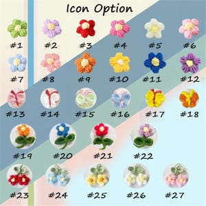 Puede incluir: Una colecci&oacute;n de apliques de flores y mariposas de ganchillo coloridos. La imagen muestra varios dise&ntilde;os, incluyendo margaritas, rosas y mariposas, cada uno con combinaciones de colores &uacute;nicas. El texto "Icon Option" est&aacute; en la parte superior, con n&uacute;meros.