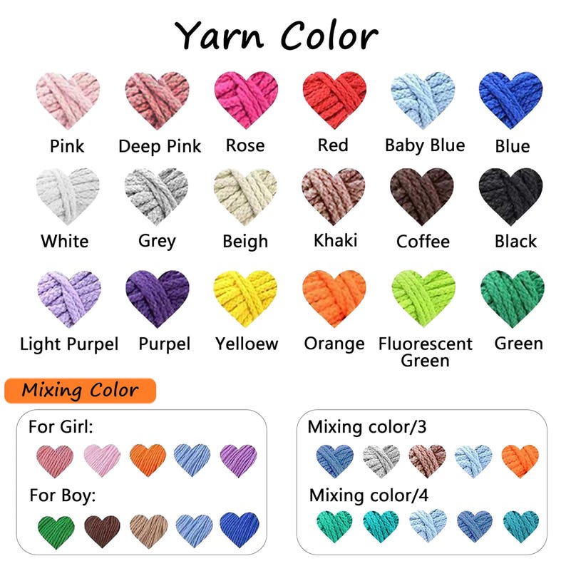 Puede incluir: Una carta de colores muestra colores de hilo en forma de coraz&oacute;n. La secci&oacute;n superior muestra colores individuales como rosa, rojo y azul. La secci&oacute;n inferior muestra combinaciones de colores para ni&ntilde;as y ni&ntilde;os, con opciones de mezcla de colores adicionales.