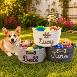 May include: Three round woven rope storage baskets in white, light gray, and dark gray. The white basket features a paw print and the name Lucy. The gray baskets feature bone icons and the names Bell and June, filled with various colorful pet toys.