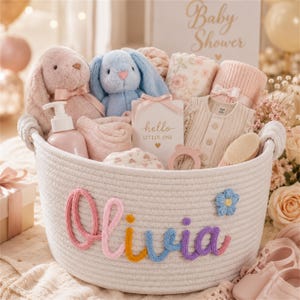 Baby Shower Gift Basket, Custom Baby Shower Basket with Personalized Name, Baby Toys Basket, Cotton Rope Basket, Newborn Baby Nursery Gift image 14