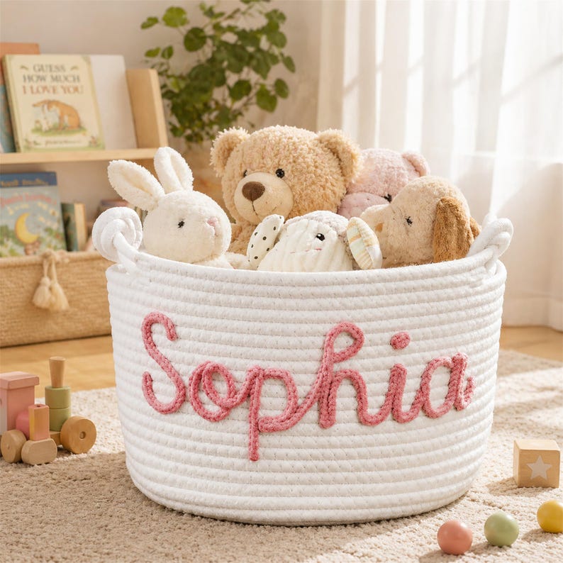 May include: A white rope storage basket featuring the name Sophia in pink cursive yarn lettering on the front. The basket is filled with several plush stuffed animals, including a tan teddy bear, a white rabbit, and a light brown puppy.