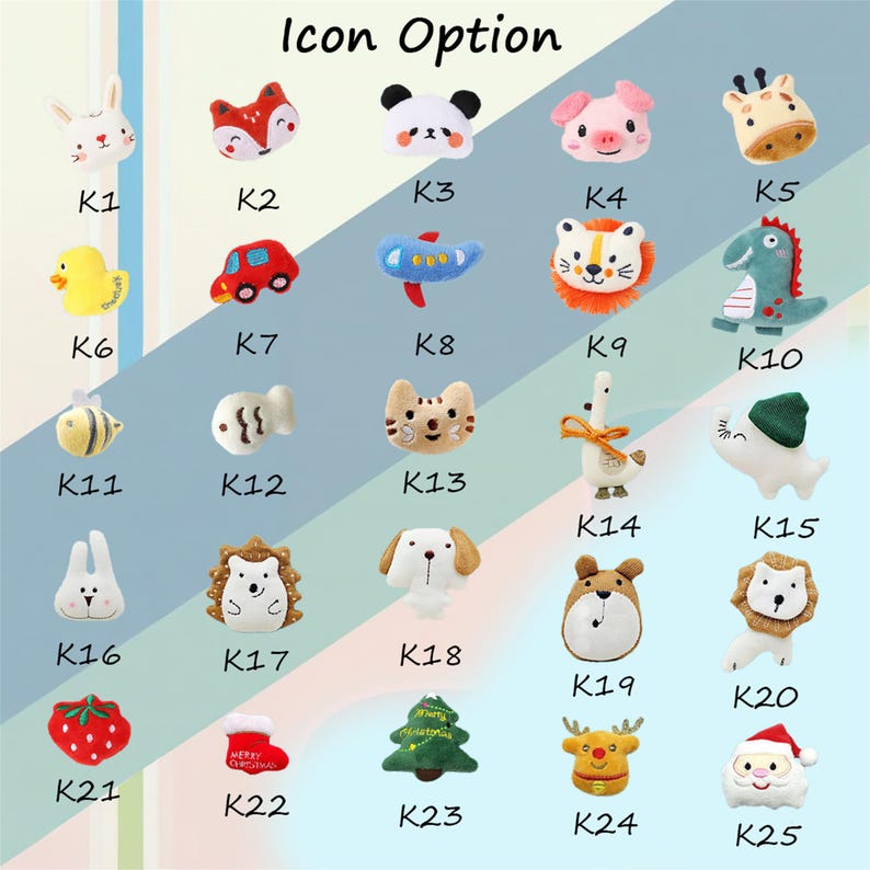 Puede incluir: Una colecci&oacute;n de iconos de fieltro coloridos en varias formas, incluyendo animales, veh&iacute;culos y dise&ntilde;os tem&aacute;ticos de vacaciones. Los iconos est&aacute;n dispuestos sobre un fondo azul claro y blanco, con el texto "Icon Option" en la parte superior.
