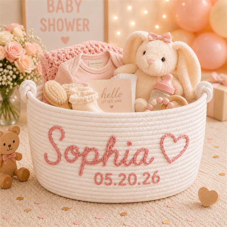 May include: A white rope storage basket featuring the embroidered pink name Sophia, a heart icon, and the date 20.05.26. The basket contains a plush cream bunny, a pink baby bodysuit, a wooden brush, cream socks, and a baby bottle with a pink cap.