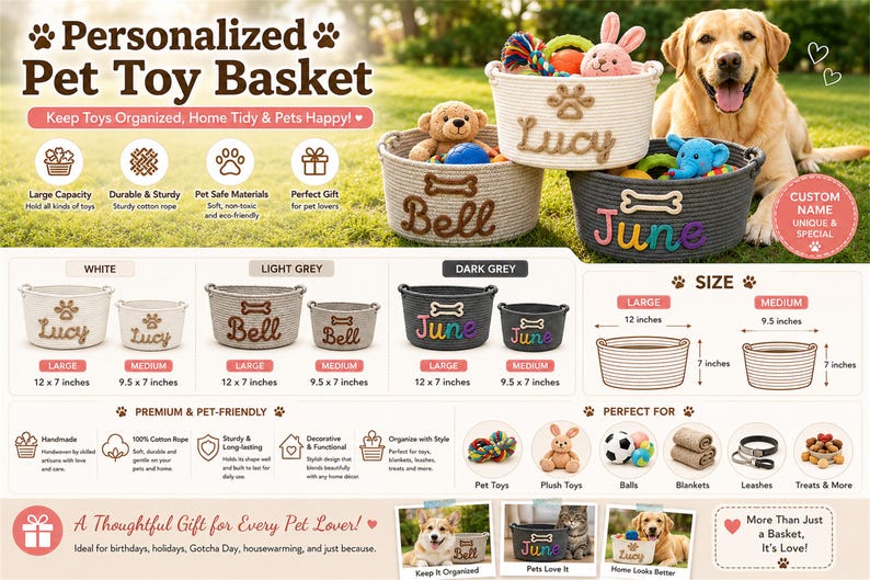 May include: Personalized pet toy baskets made of cotton rope in white, light grey, and dark grey. Available in large 12 by 7 inch and medium 9.5 by 7 inch sizes. Each basket features a custom name and a bone or paw print design for storage.