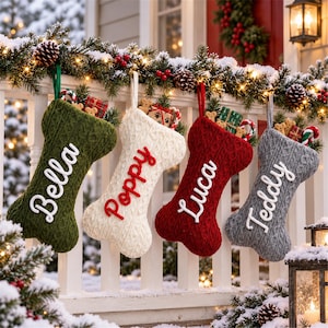 May include: Four bone-shaped knit stockings hanging in a row. The green stocking is embroidered with Bella, the white with Poppy, the red with Luca, and the gray with Teddy. Each stocking is filled with small gift boxes and candy canes.