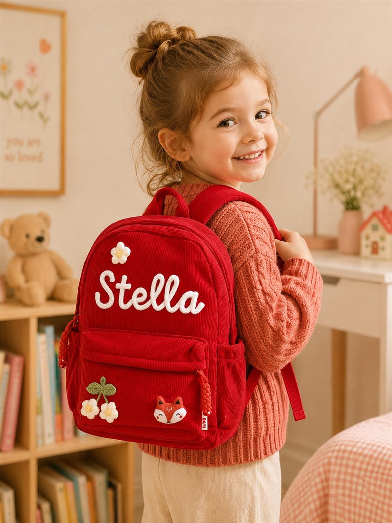 Puede incluir: Mochila de pana roja con el nombre "Stella" en escritura blanca. La mochila tiene un bolsillo frontal con un aplique de zorro y flores. Una mochila roja peque&ntilde;a para ni&ntilde;os.
